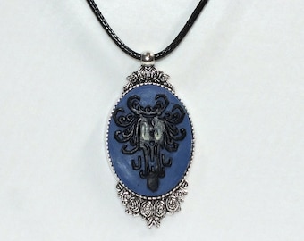 Haunted Mansion Cameo Necklace Victorian Spooky Creepy Wallpaper With Glowing Eyes on Silver Pendant