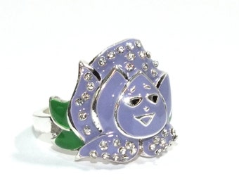 Alice in Wonderland Talking Flower Ring, Sterling Silver Pansy Enamel Jewelry