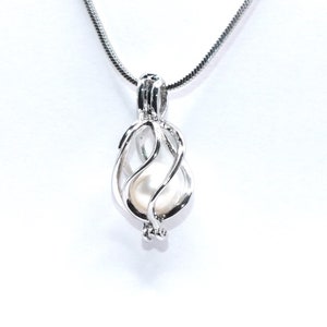Silver Oval Basket Pearl Cage Charm Pendant Necklace - Crystal Bead Minimalist Necklace