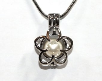 Simple Flower Pearl Cage Necklace: Silver Plated Charm, 18" Chain