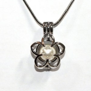 Pick A Pearl Flower Cage Necklace Silver Plumeria Outline Charm Holds a Pearl Bead Gem 18 Silver Necklace image 1