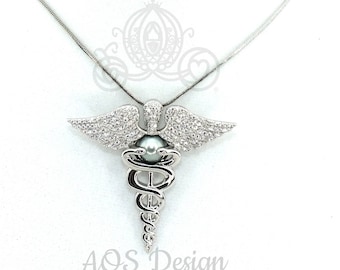 Nurse Caduceus Pearl Cage Pendant Necklace - Nursing Student Graduation Gift