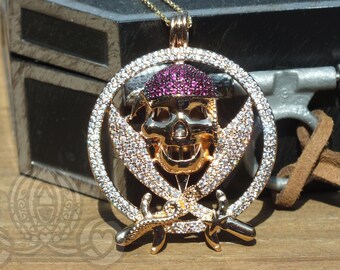 Gold Pirates Skull Pearl Cage Charm Necklace