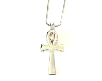 Handmade Silver Ankh Pendant Pearl Cage - Cross Charm Necklace By AOS Design