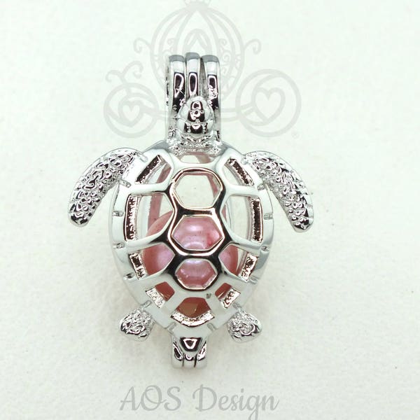 Sea Turtle Pearl Cage Necklace Baby Sea Tortoise Silver Plated Locket Charm Bead Cage