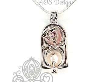 Sterling Silver Beauty and the Beast Rose Pearl Cage Necklace