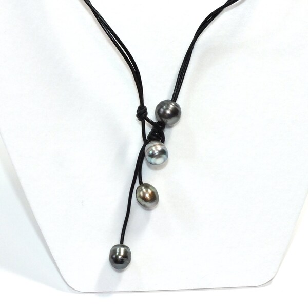 Tahitian Pearl Necklace Black Leather Cord 4 Black Pearls 16" Choker Style Gift