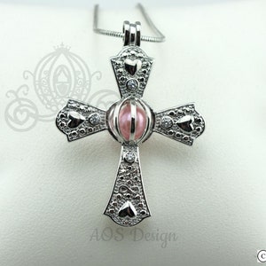 Handcrafted Pearl Cage Cross Necklace: Silver Plated Cubic Zirconia