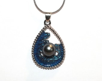 Blue Black Tahitian Pearl Necklace Pendant Charm - Ocean Waves 18" Chain B