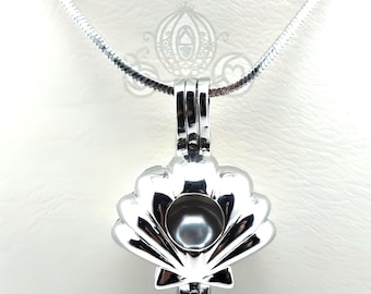 Silver Seashell Scallop Charm Pearl Cage Necklace- Oyster Shell Jewelry