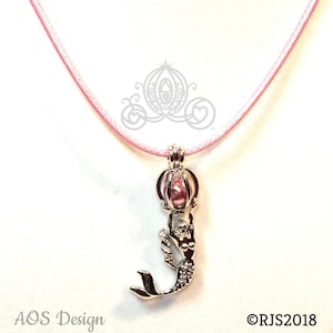 Mermaid Pearl Cage Locket Necklace - Silver Plated, Pink Cord