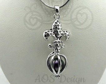 Fleur De Lis Pearl Cage Silver Plated Charm Locket French Flower Lily New Orleans