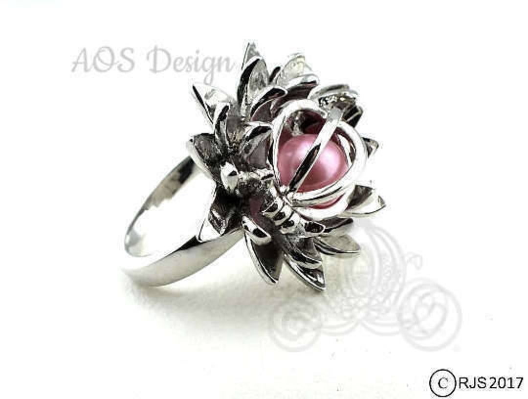 Pick A Pearl Cage Silver Lotus Flower Ring Unique Bead Cage - Etsy