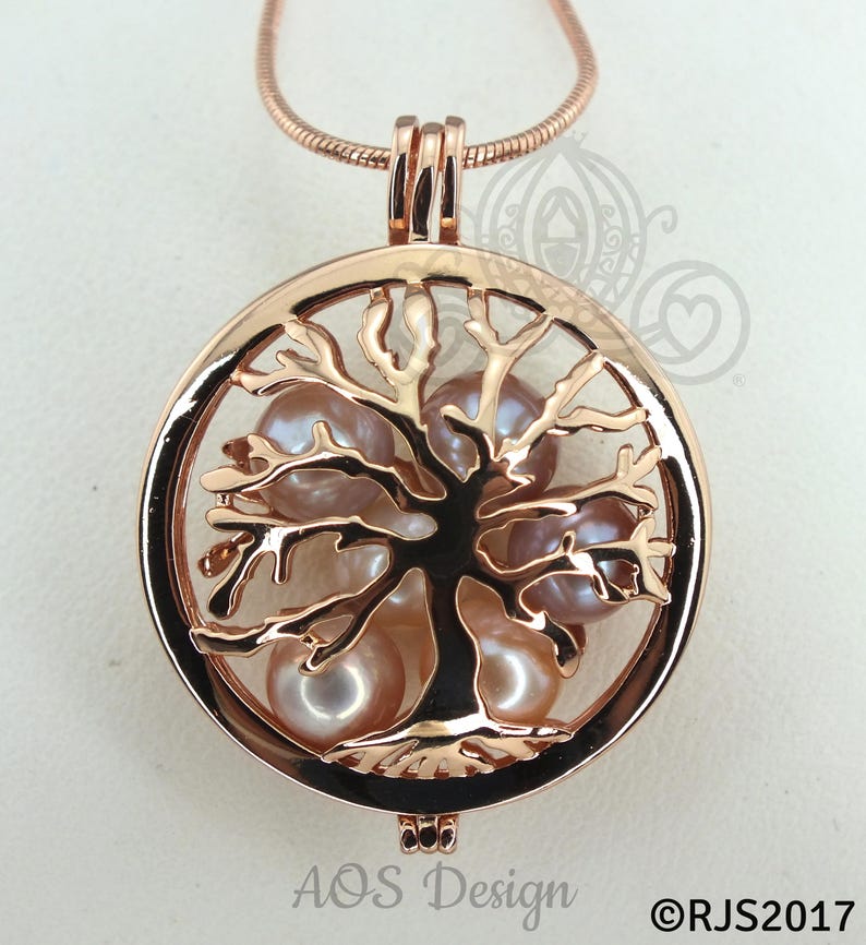 Family Tree Pearl Cage Necklace Rose Gold Plated Locket Charm Tree of Life Mother Bead Cage CHARM+NCKLCE+PEARL