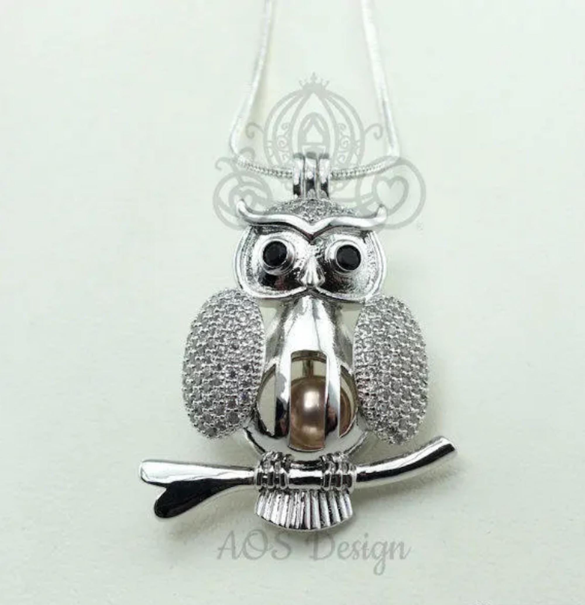 Harry Potter CZ Owl Pearl Cage Necklace, Sterling Silver Charm Limited Edition