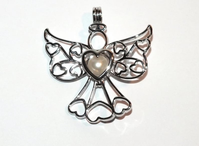 Angel Pearl Cage Charm Necklace. Hidden Hearts Necklace