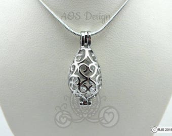 Teardrop Pearl Cage Silver Plated Heart Love XOXO Scrollwork Design Necklace