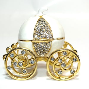 Pumpkin Cinderella Carriage Ring Box Trinket Jewelry Box Moving Wheels Crystals Engagement Gift