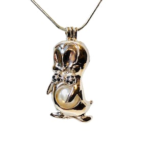 Handmade Pearl Cage Tuxedo Penguin Charm Necklace - Cute Penguin Jewelry Gift for Christmas