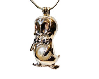 Handmade Tuxedo Penguin Pearl Cage Necklace – Sterling Silver Plated Charm