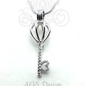 Crystal Heart Key Pearl Cage Pendant Necklace- Silver Jewelry Gifts For Her