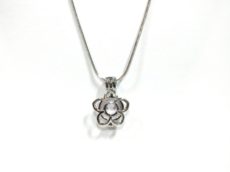 Pick A Pearl Flower Cage Necklace Silver Plumeria Outline Charm Holds a Pearl Bead Gem 18 Silver Necklace image 10