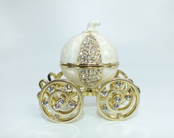 Pumpkin Cinderella Carriage Ring Box Trinket Jewelry Box Moving Wheels Crystals Engagement Gift