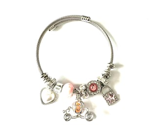 Cinderella Pearl Cage Pendant Charm Bracelet - Elegant Silver Plated Charm