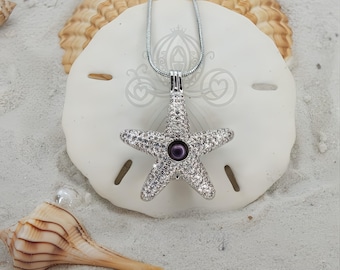 Handmade Silver Starfish Cage Pendant Necklace That Holds A Pearl, We Love Starfish
