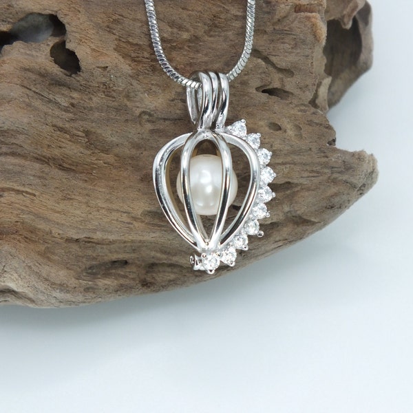 Diamond Heart Pearl Cage Charm, 925 Sterling Silver Charm, Pick A Pearl Necklace