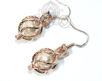 Pearl Cage Earrings Rose Gold Plated Oval Basket Teardrop Circle Loop Wire Wrap Charm Locket Earrings