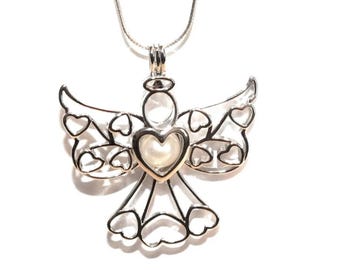 Silver Angel Pearl Cage and Pendant Necklace - Minimalist Delicate Christian Jewelry