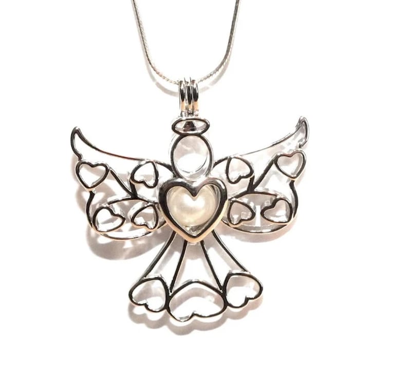 Angel Pearl Cage Charm Necklace. Hidden Hearts Necklace