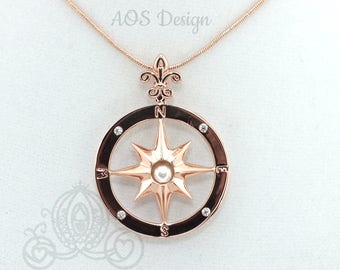 Pick A Pearl Compass Rose Cage Rose Gold Plated Locket Charm Necklace Pirate Ship Sailing Ocean Nautical Compass Charm