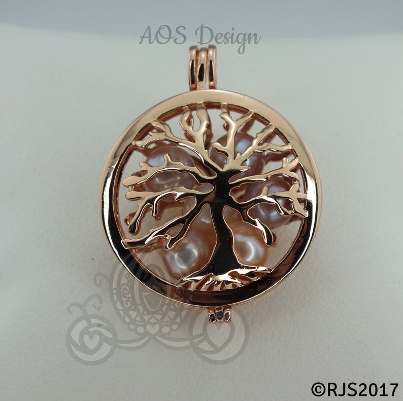 Family Tree Pearl Cage Necklace Rose Gold Plated Locket Charm Tree of Life Mother Bead Cage image 5