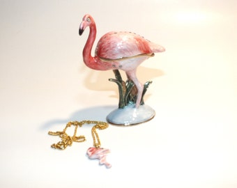 Hand-Painted Enamel Flamingo Trinket Box with Pendant Necklace
