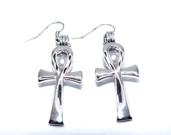 Silver Ankh Cross Pearl Cage Dangle Earrings Set - Birthstone Jewelry