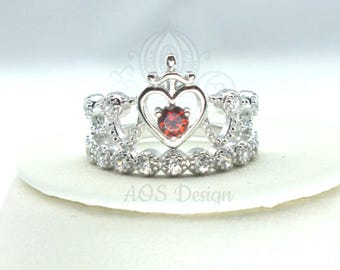 Sterling Silver Princess Snow White Crown Ring - Red Garnet Engagement & Promise Jewelry