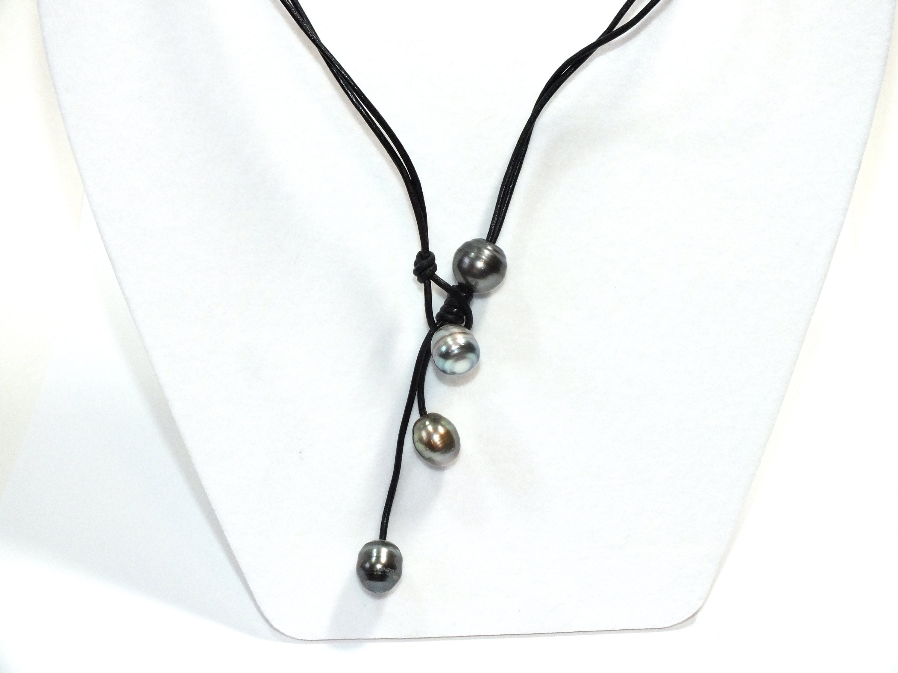 Tahitian Pearl Necklace Black Leather 