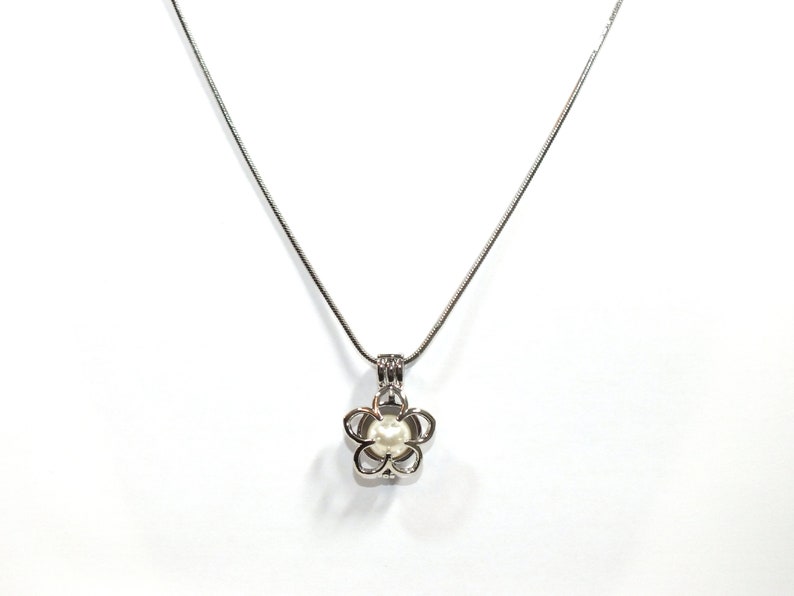 Pick A Pearl Flower Cage Necklace Silver Plumeria Outline Charm Holds a Pearl Bead Gem 18 Silver Necklace image 7