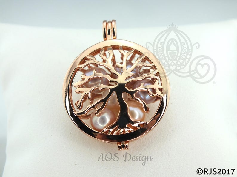 Family Tree Pearl Cage Necklace Rose Gold Plated Locket Charm Tree of Life Mother Bead Cage image 9