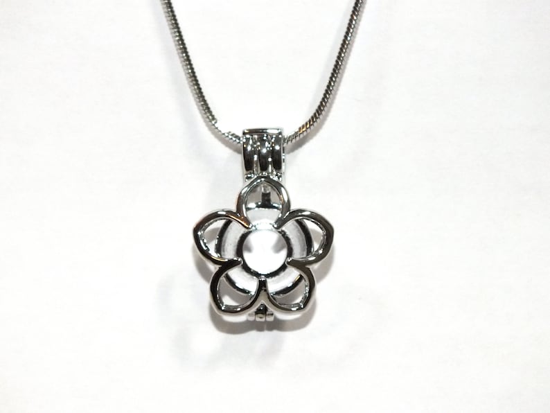 Pick A Pearl Flower Cage Necklace Silver Plumeria Outline Charm Holds a Pearl Bead Gem 18 Silver Necklace image 3