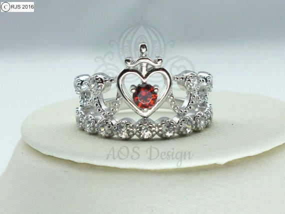 Princess Snow White Crown Red Garnet Ring Sword Heart Ring image 0