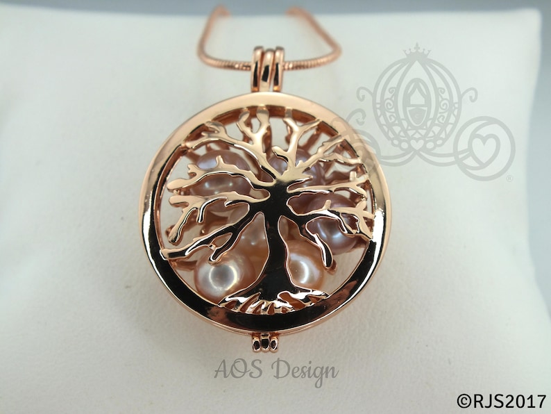 Family Tree Pearl Cage Necklace Rose Gold Plated Locket Charm Tree of Life Mother Bead Cage image 8