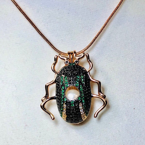 Egyptian Scarab Beetle Pearl Cage Charm with Colored Gemstones