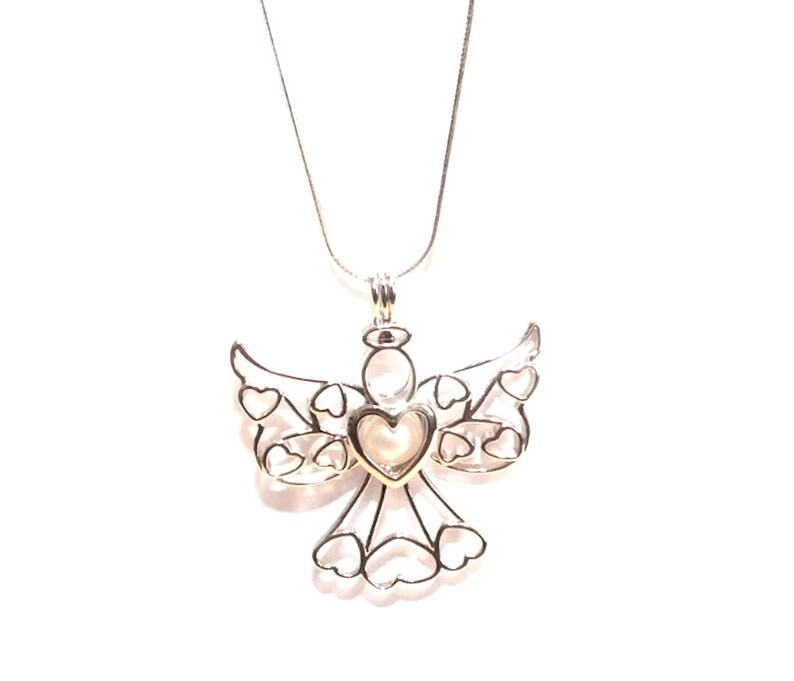Angel Pearl Cage Charm Necklace. Hidden Hearts Necklace