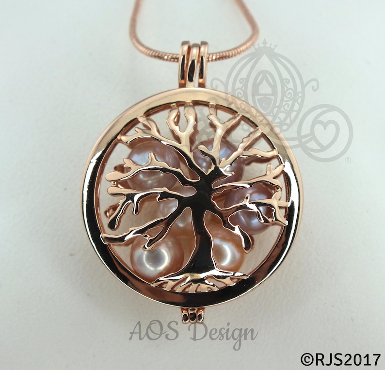 Family Tree Pearl Cage Necklace Rose Gold Plated Locket Charm Tree of Life Mother Bead Cage image 7