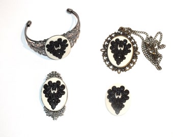 White Haunted Mansion Creepy Wallpaper Cameo Necklace, Brooch Pin, Cuff Bracelet