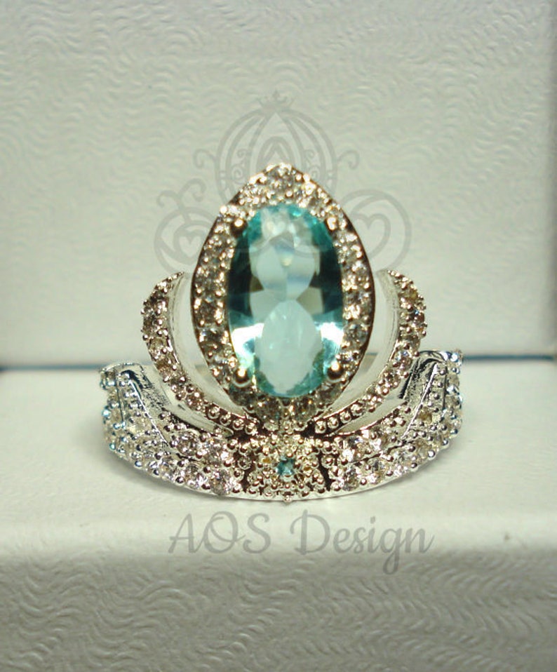 Elsa Silver Frozen Tiara Princess Ring Anna Frozen Crown Aquamarine Stone Ring 