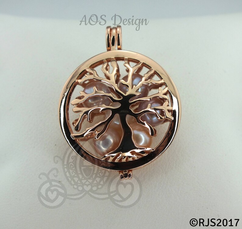 Family Tree Pearl Cage Necklace Rose Gold Plated Locket Charm Tree of Life Mother Bead Cage image 6